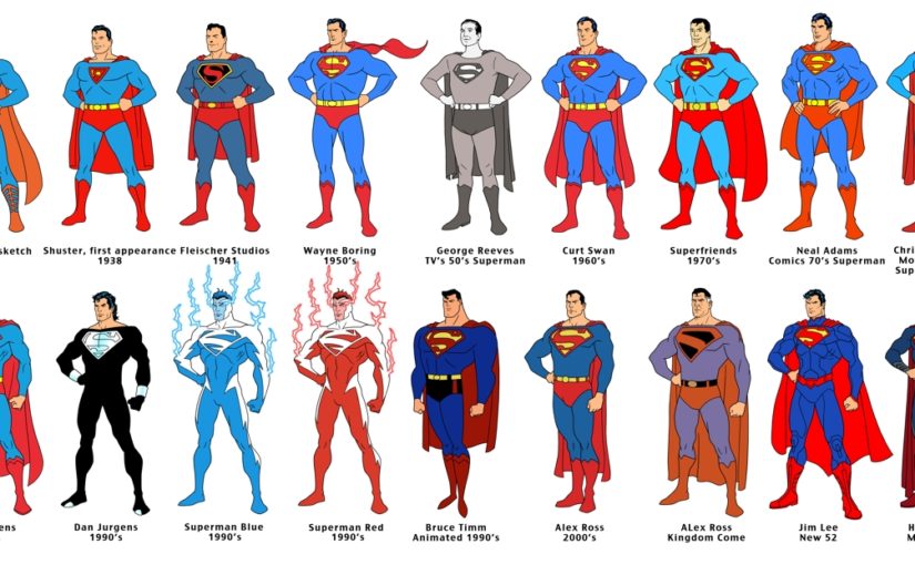 Lineup of superman and their associated outfits.