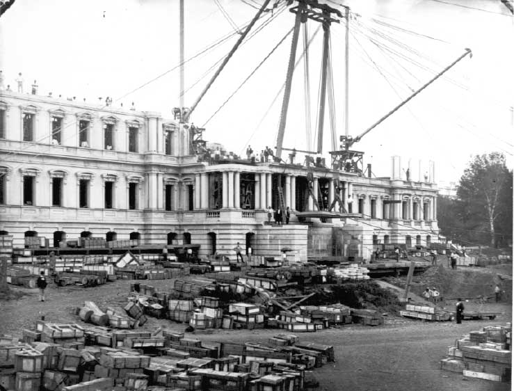 Construction of the White House. This image depicts a series of reconstruction efforts back in the middle 1800's.