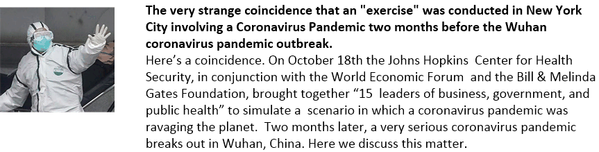 The very strange coincidence that an "exercise" was conducted in New York City involving a Coronavirus Pandemic two months before the Wuhan coronavirus pandemic outbreak.
Here’s a coincidence. On October 18th the Johns Hopkins  Center for Health Security, in conjunction with the World Economic Forum  and the Bill & Melinda Gates Foundation, brought together “15  leaders of business, government, and public health” to simulate a  scenario in which a coronavirus pandemic was ravaging the planet.  Two months later, a very serious coronavirus pandemic breaks out in Wuhan, China. Here we discuss this matter.