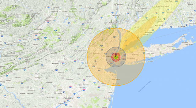 Damage from a 3 MT nuclear detonation on New York City. Russia fields 50 MT nuclear warheads. The damage would engulf the entire map.