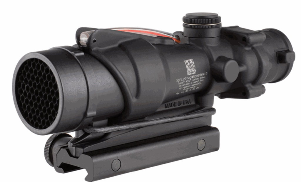 The TA31RCO is an Advanced Combat Optical Gunsight (ACOG) designed for the USMC's M16A4 weapon system (20” barrel). It incorporates dual illumination technology using a combination of fiber optics and self-luminous tritium. This allows the aiming point to always be illuminated without the use of batteries. The tritium illuminates the aiming point in total darkness, and the fiber optic self-adjusts reticle brightness during daylight according to ambient light conditions. This allows the operator to keep both eyes open while engaging targets and maintaining maximum situational awareness. Designed to the exact specifications of the United States Marine Corps, the unique reticle pattern provides quick target acquisition at close combat ranges while providing enhanced target identification and hit probability out to 800 meters utilizing the Bullet Drop Compensator. No tools are needed for windage and elevation adjustments because the TA31RCO features external adjusters, making it waterproof up to 11m without the caps. 
