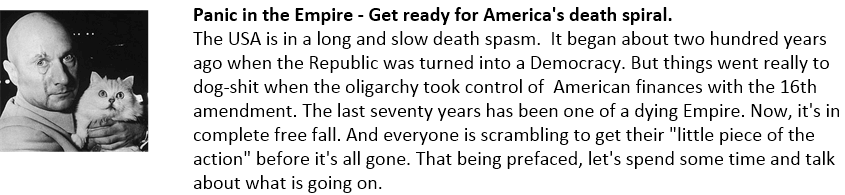 Panic in the Empire - Get ready for America's death spiral.
The USA is in a long and slow death spasm.  It began about two hundred years ago when the Republic was turned into a Democracy. But things went really to dog-shit when the oligarchy took control of  American finances with the 16th amendment. The last seventy years has been one of a dying Empire. Now, it's in complete free fall. And everyone is scrambling to get their "little piece of the action" before it's all gone. That being prefaced, let's spend some time and talk about what is going on.