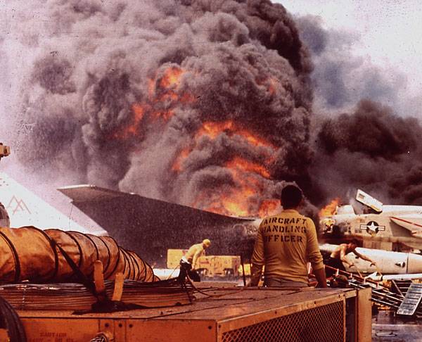 The USS Forrestal   in 1967 after a five-inch Zuni land-attack missile was accidentally launched on deck.