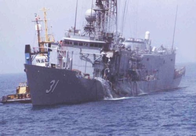 USS Stark, 1987, after being hit by a pair of French Exocet missiles.