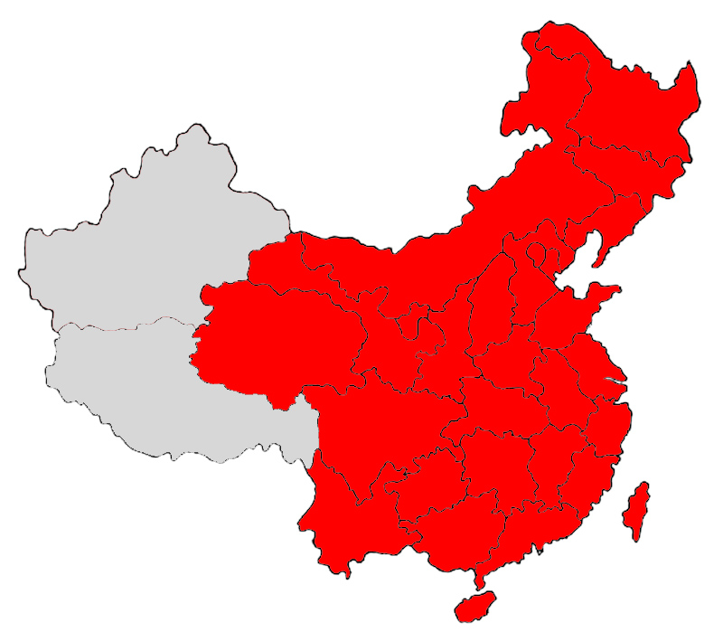 China without Tibet and Xinjiang.
