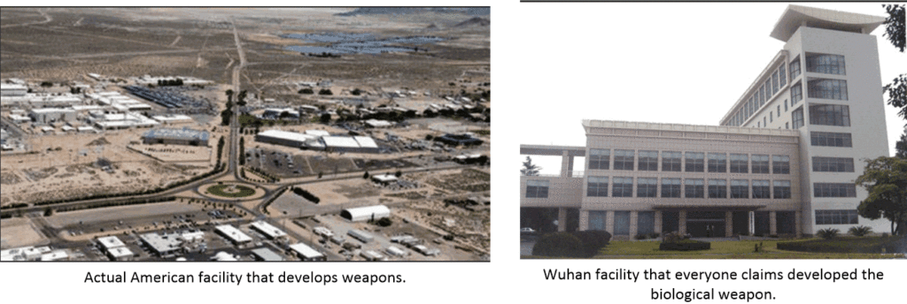 Comparison between the Wuhan diagnostic facility and an American R&D weapons facility. Note the difference in the number of buildings, the campus size and distance from public roads.