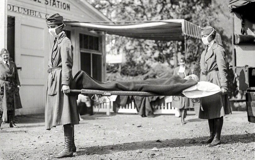 "Demonstration at the Red Cross Emergency Ambulance Station in Washington, D.C., during the influenza pandemic of 1918."