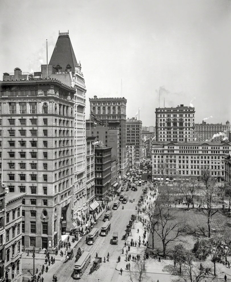 New York circa 1903. "Looking up Broadway from City Hall." With a view of the National Shoe & Leather Bank, and a roving vendor of DESKS.