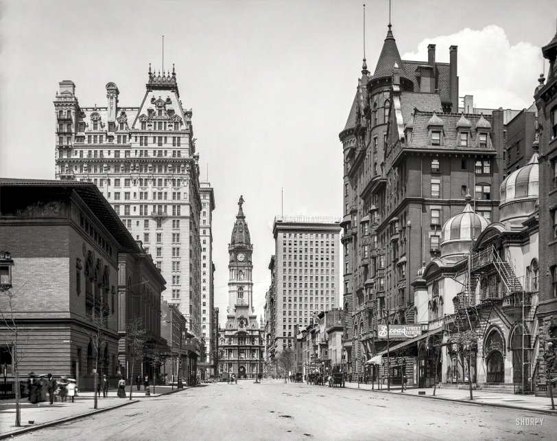 Philadelphia circa 1904. "City Hall clock tower from South Broad Street." 8x10 inch glass negative, Detroit Photographic Company.