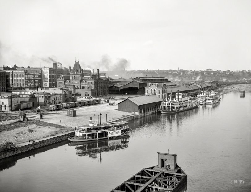 The Mississippi River circa 1905. "Union Depot and steamboat landing at foot of Jackson Street, St. Paul, Minnesota." Starring the sidewheeler Hiawatha. 8x10 inch dry plate glass negative, Detroit Photographic Company.