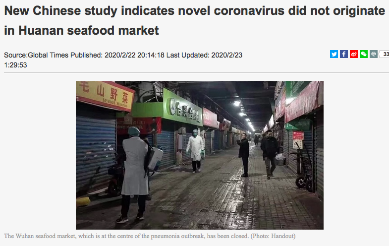 New Chinese study indicates the novel coronavirus did not originate in Huanan seafood market.
