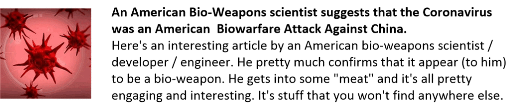 An American Bio-Weapons scientist suggests that the Coronavirus was an American  Biowarfare Attack Against China.
Here's an interesting article by an American bio-weapons scientist / developer / engineer. He pretty much confirms that it appear (to him) to be a bio-weapon. He gets into some "meat" and it's all pretty engaging and interesting. It's stuff that you won't find anywhere else.