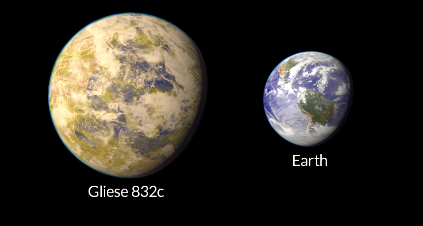 A "super earth" Gliese 832c compared to our planet.
