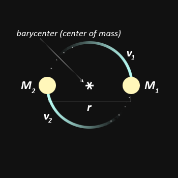 The two stars orbit around their common center of mass or barycenter at the center of their shared orbit and always on a line between them. 