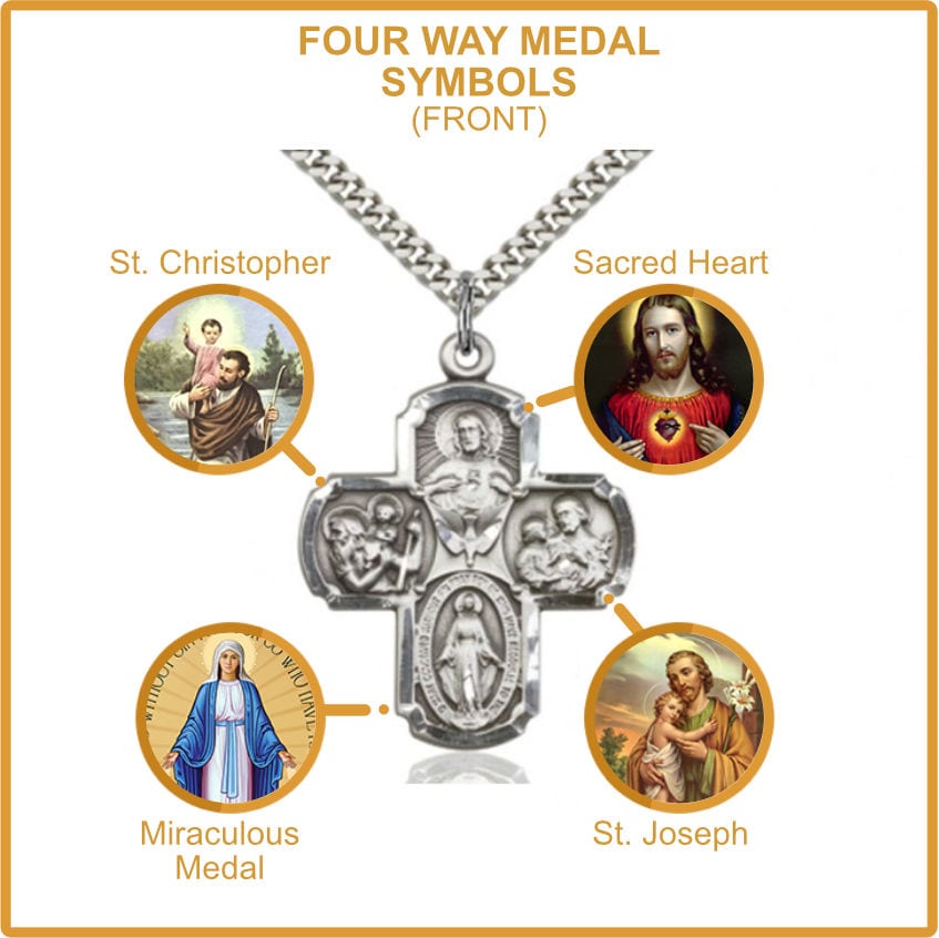 Catholic four way metal with the four iconology symbols. This particular medallion can be found HERE.