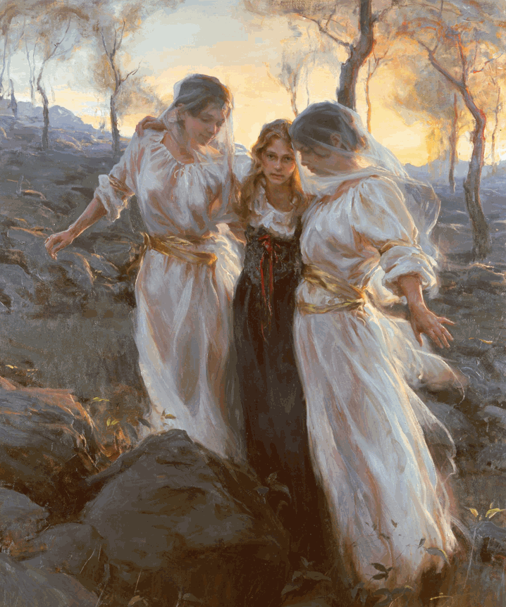 After a particularly difficult and grueling lifetime of hurt and trauma, the spiritual guides, also known as angels, will come and meet the distressed soul / consciousness and help them return home. This painting is titled "Hind's feet" by Daniel Gerhartz and can be found on the Art Renewal Center website.