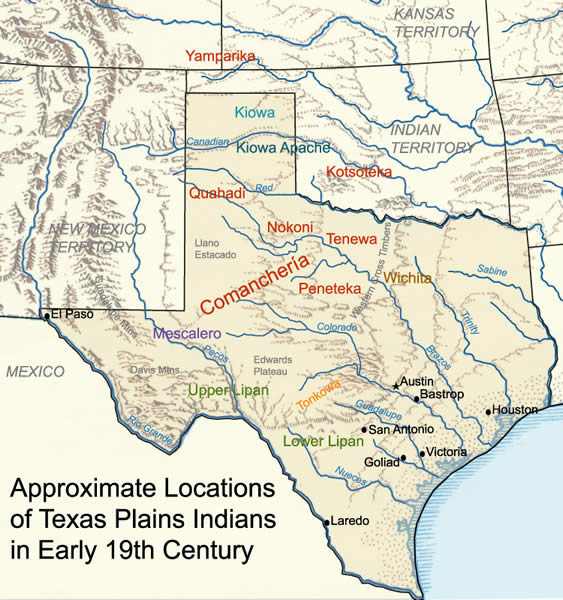 Map showing the location of the Kiowa Indians in the Oklahoma / Texas region. This regression describes the death of "White" settlers encroaching on Indian Territories and Nations.