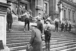 In Germany in the 1930's, the SA competed against the SS for control of Germany. Here we have the SA performing a "peaceful" protest by preventing access to "culturally inappropriate" art.