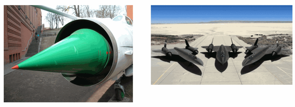 Pictures of various "inlet cones" in the front of various American and Russian supersonic aircraft.