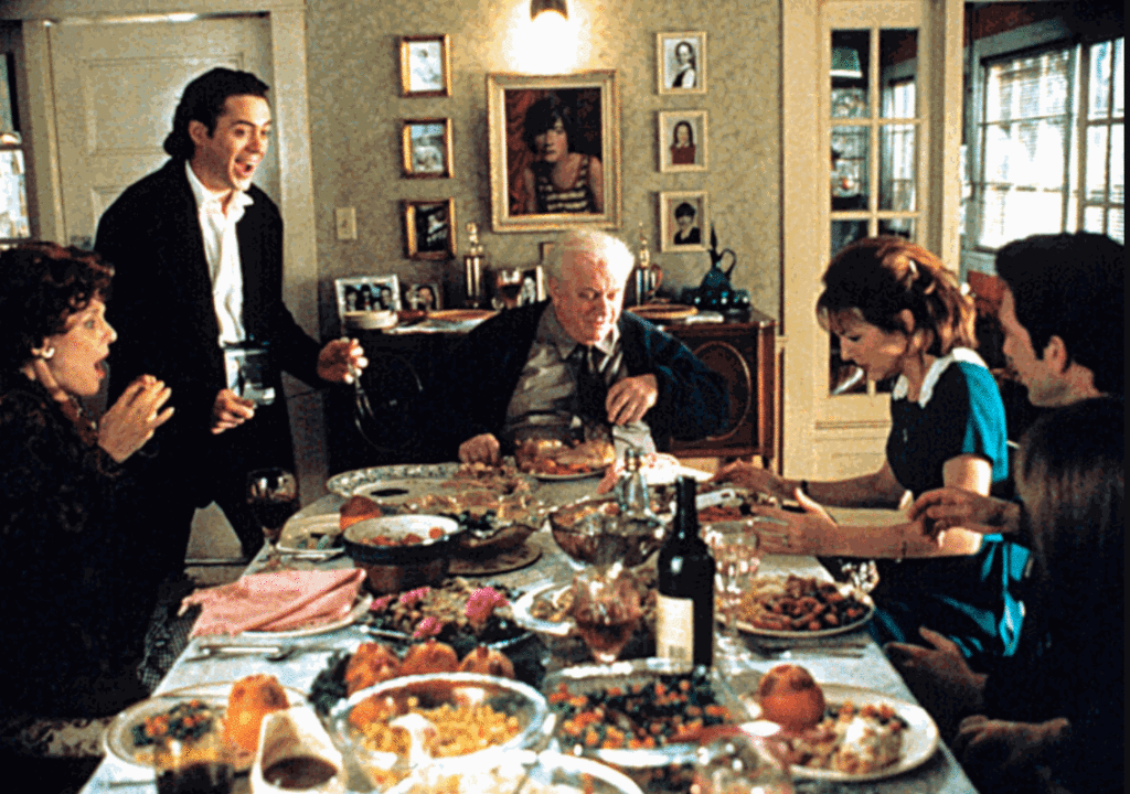 Scene from the movie "Home for the Holidays". The movie, which is about the Thanksgiving family reunion from hell, is not exactly a comedy and yet not a drama, either. Like many family reunions, it has a little of both elements, and the strong sense that madness is being held just out of sight. Have we not all, on our ways to family gatherings, parked the car a block away, taken several deep breaths, rubbed our eyes and massaged our temples, and driven on, gritting our teeth? That is not because we do not love our families, but because we know them so very, very well.