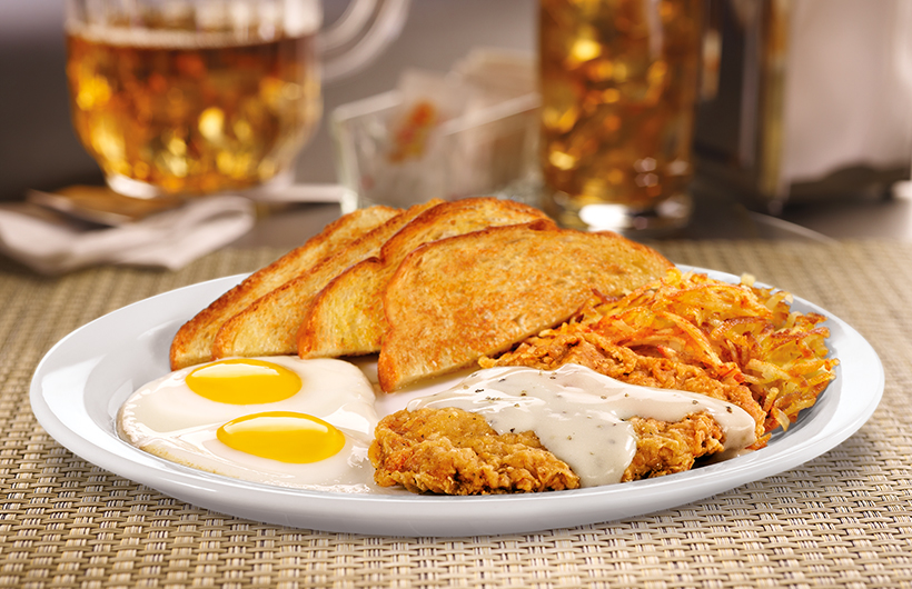 Country fried steak and eggs meal.