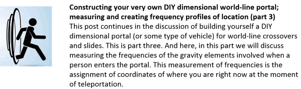 Constructing your very own DIY dimensional world-line portal; measuring and creating frequency profiles of location (part 3)
This post continues in the discussion of building yourself a DIY dimensional portal (or some type of vehicle) for world-line crossovers and slides. This is part three. And here, in this part we will discuss measuring the frequencies of the gravity elements involved when a person enters the portal. This measurement of frequencies is the assignment of coordinates of where you are right now at the moment of teleportation.