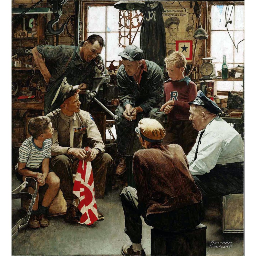 Norman Rockwell (American, 1894-1978)
Homecoming Marine
Oil on canvas, 1945
46 x 42 inches (116.8 x 106.7 cm)