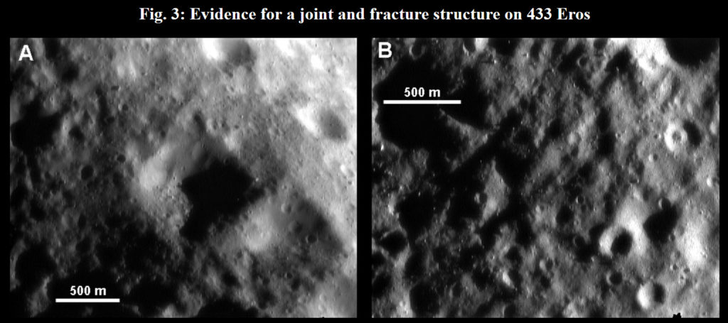 Two examples of evidence for a joint and fracture structure underlying the regolith layer on 433 Eros, imaged by the NEAR-Shoemaker spacecraft, in the form of: (A) several structurally controlled, `square' impact craters (MET 132151598, 218.91 W, 16.64 S, 5.57 m/pixel); and (B) a network of criss-crossing ridges and grooves, with a few, small, structurally controlled craters (MET 136266921, 218.72 W, 42.00 N, 4.58 m/pixel). 