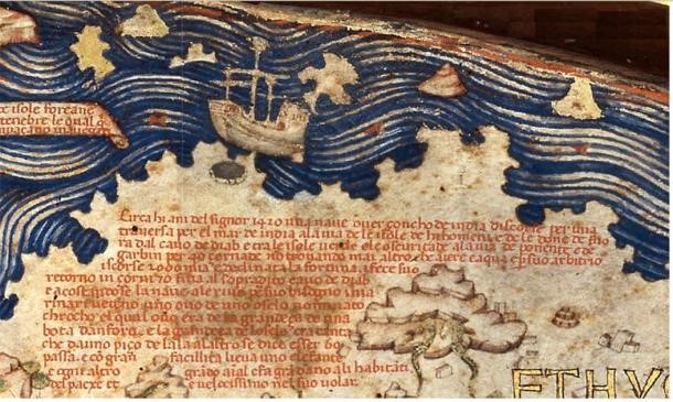 Detail of the Fra Mauro map relating the travels of a junk into the Atlantic Ocean in 1420. The ship also is illustrated above the text. ( Public Domain )