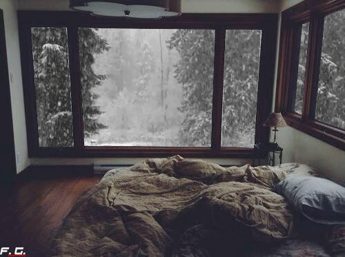 Snow outside, cozy bed inside.
