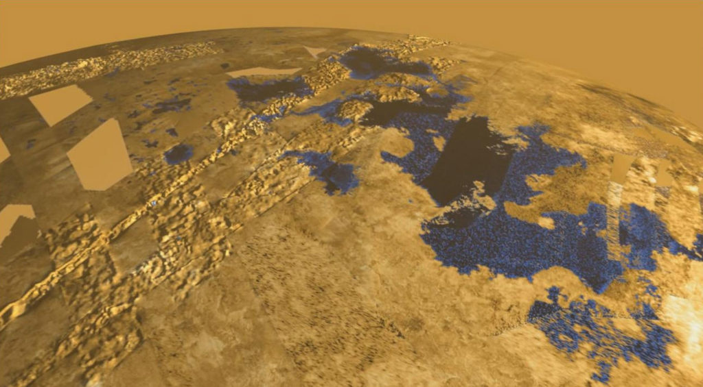 A view of Titan when peering through the atmospheric haze.