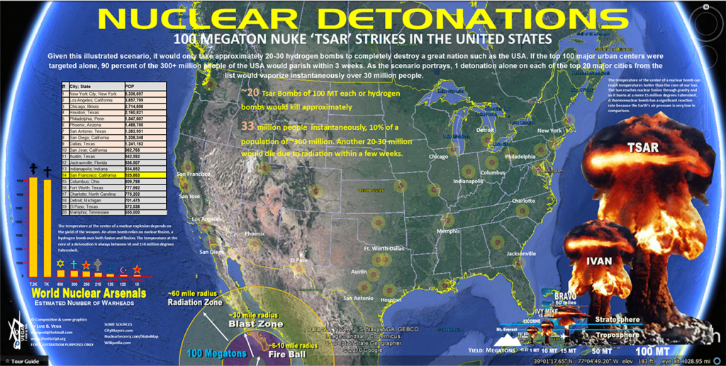 Nuclear detonations map of the USA one
