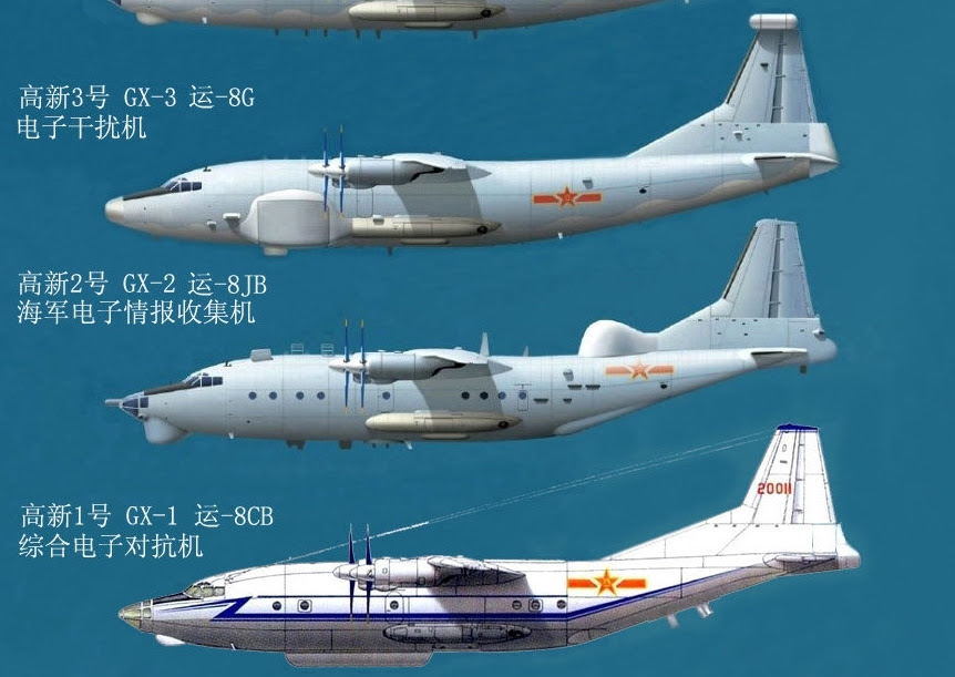 From the bottom up: Airplane EW GX-1 (Y-8CB), electronic intelligence aircraft GX-2 (Y-8JB), jammer GX-3 (Y-8G)