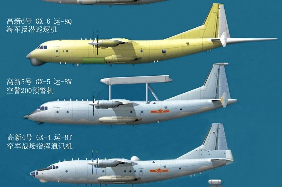 From the bottom up: Airplane communication and control GX-4 (Y-8T). AWACS aircraft GX-5 (Y-8W, KJ-200), base patrol aircraft GX-6 (Y-8Q)