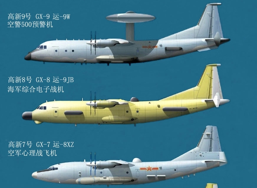 From the bottom up: GX-7 (Y-8XZ) psychological warfare aircraft, functionally close to the US EC-130J Commando Solo, capable of performing radio and television broadcasting in the territory controlled by the enemy; GX-8 (Y-9JB) - air complex electronic warfare for the Navy; GX-9 (Y-9W, KJ-500) - AWACS aircraft of the new generation.