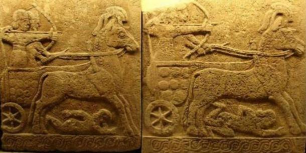 Relief in basalt battle chariot
