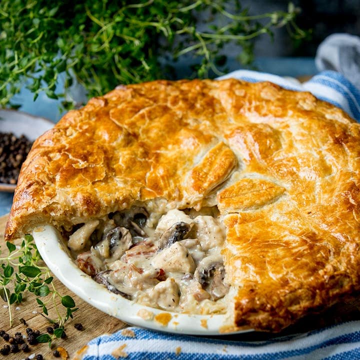 Chicken and mushroom pie with bacon square FS