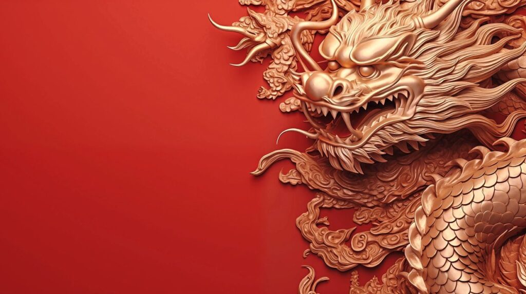 Golden Chinese Dragon on Red Background ,Traditional New Year Sy