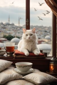 Default White Cat sitting on pillows on panoramic roof Istanbu 2