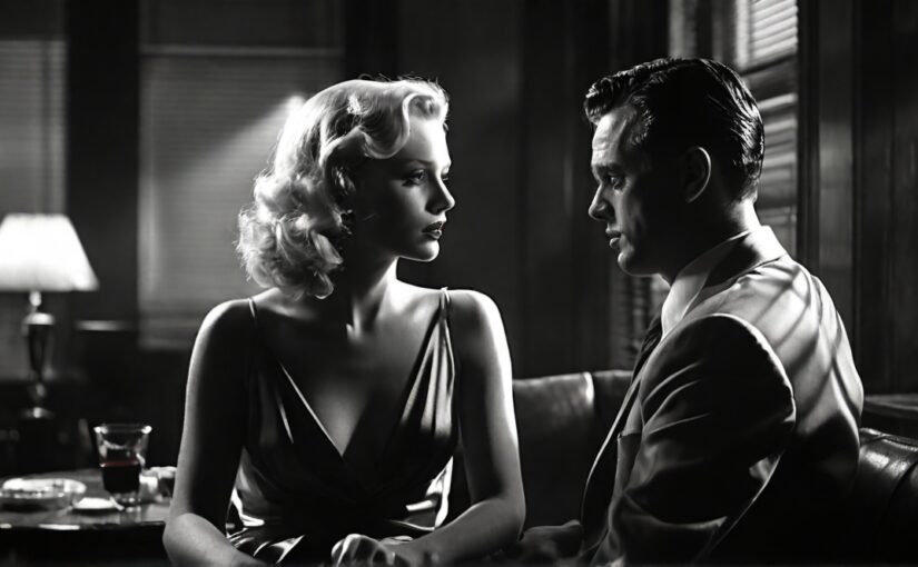 Default film noir style a man and a blonde woman are in a loun 0
