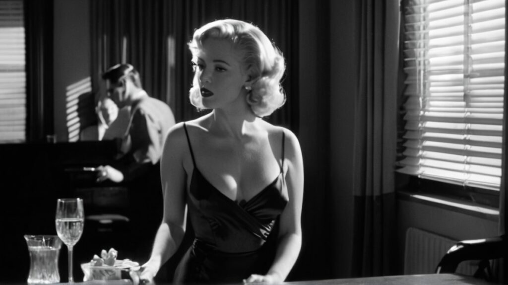 Default film noir style a man and a blonde woman is in a dinin 0