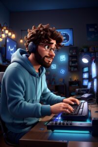 3D Animation Style man playing video games with keyboard and m 3