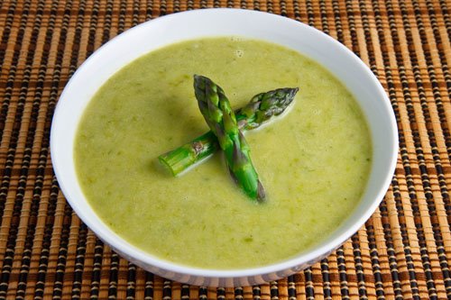 Creamy Asparagus Soup with Morel Mushrooms and Ramps 500