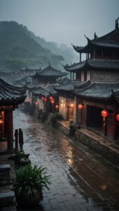 Default An ancient town in China rain fog looking at the lens 3