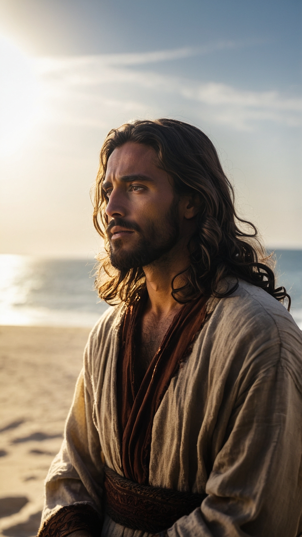Default Jesus looking at the sea at the beach far angle unzoom 5
