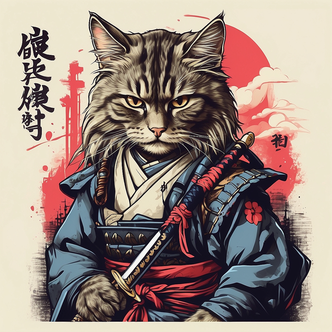Default Samurai cat with samurai sword tshirt design sticker 2
