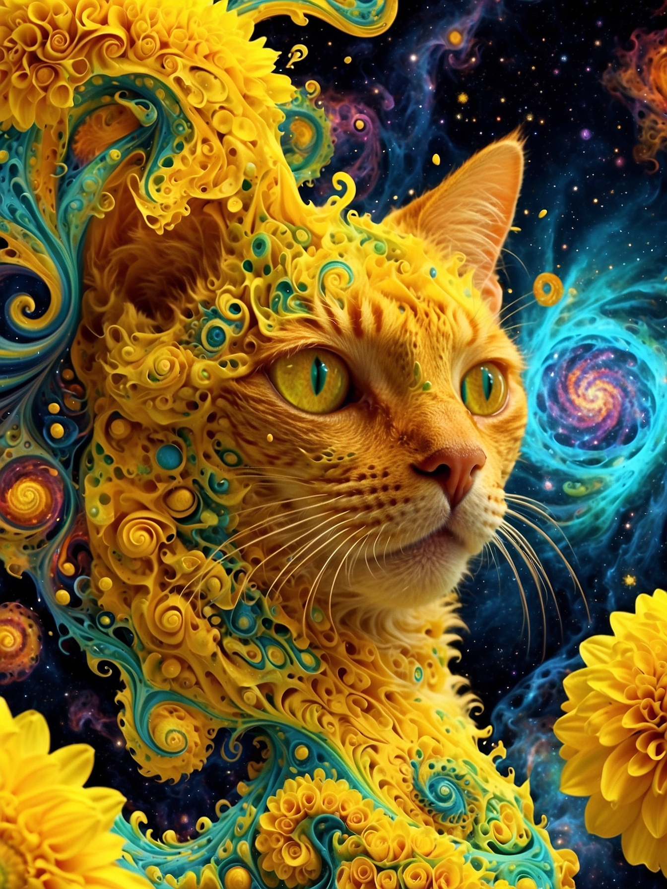 Default cat made out of yellow flowers fractal universe 1