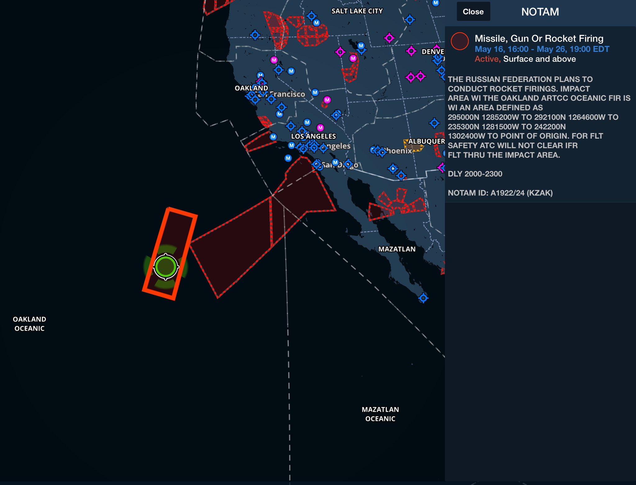 Russian Missile Tests 16 may 2024 off California Coast
