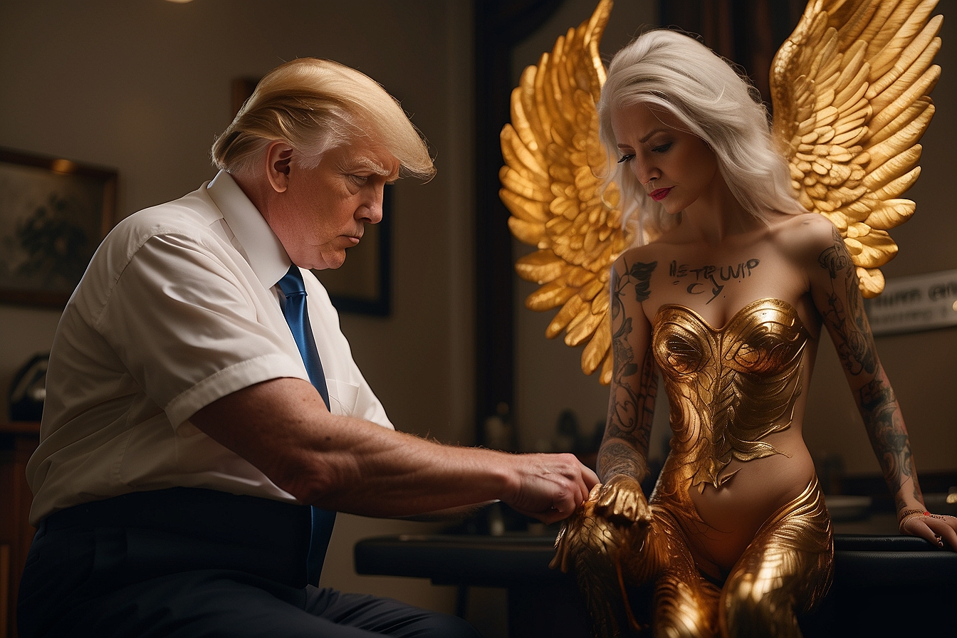 Default An lighting gold angel tattooing Donald Trumps soulder 1