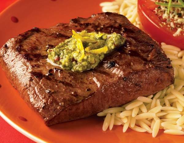 spicy lemon pesto flat iron steaks